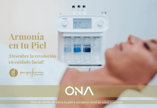 Armonía en tu Piel. Experimenta la magia del dispositivo facial ONA de INDIBA®: una fusión de hidrodermabrasión, electroporación, LED y electroterapia de baja frecuencia. Tu piel alcanzará una nueva dimensión de salud y pureza. En Paqui Ferrer Estética y Belleza